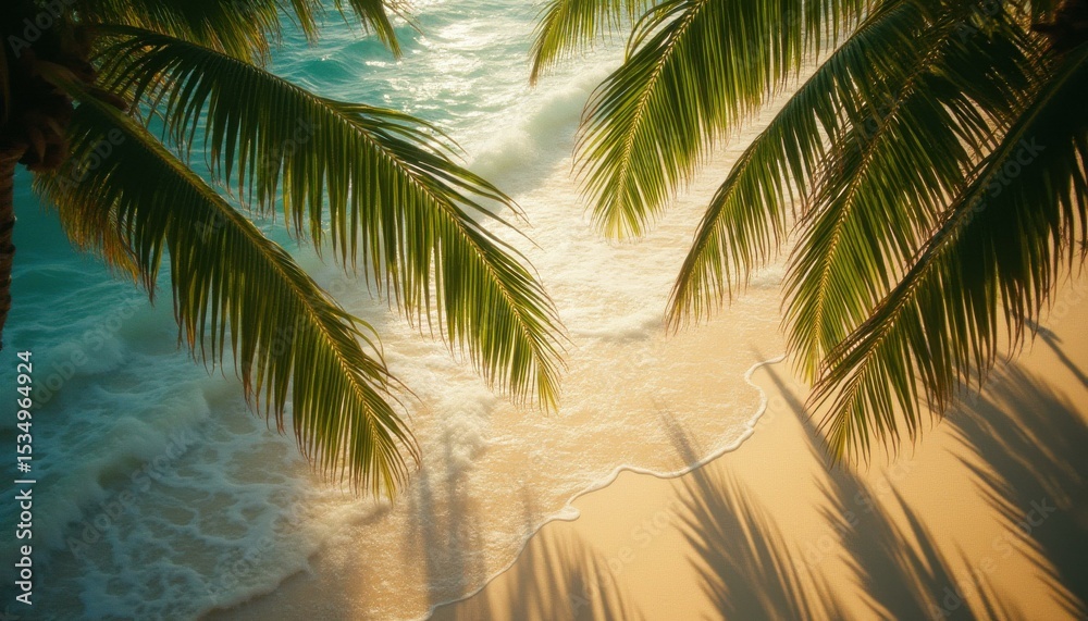 Fototapeta premium Palm tree fronds swaying over serene tropical beach with ocean waves