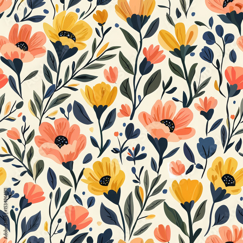 A colorful and artistic floral pattern with stylized flowers in yellow, coral, and blue on a cream background.