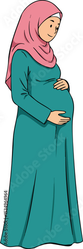 Pregnant Muslim woman wearing pink hijab and teal dress standing in profile holding belly vector illustration 