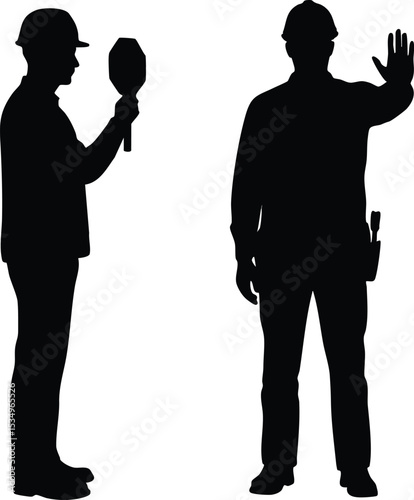 Construction workers silhouette with safety helmet and hand signal vector illustration in black on white background