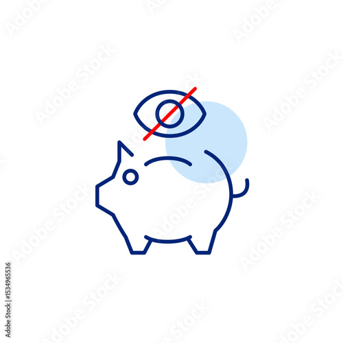 Vector icon of piggy bank with crossed-out eye, symbolizing hidden savings, private finances, or restricted access. Ideal for banking apps, budgeting tools, financial privacy settings