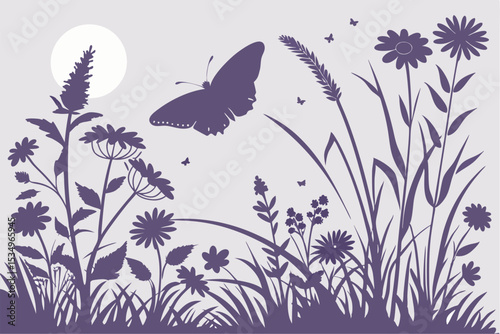 Serenity at Dusk – Butterfly and Wildflowers in Silhouette
