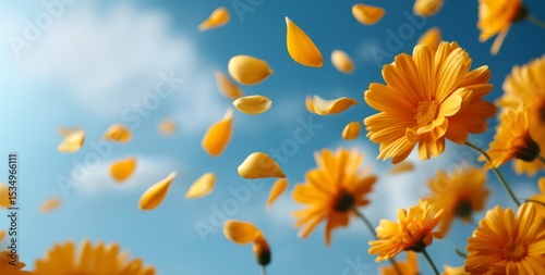 Summer banner with vibrant yellow flower with falling petals in the sky.
