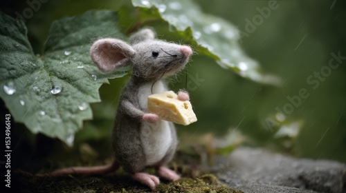 Handmade art celebrating literary themes a playful mouse with cheese in nature whimsical environment close-up view