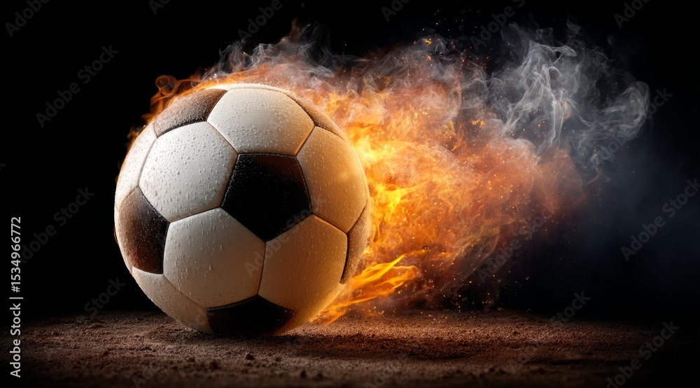 Fototapeta premium A burning soccer ball on a black background. The passion and power of soccer. Topics related to sports, football, competitions, victory, speed, goal, championship, betting.