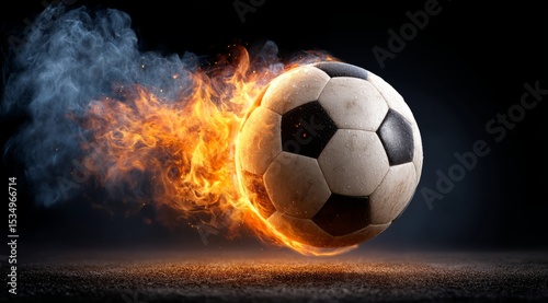 A burning soccer ball on a black background. The passion and power of soccer. Topics related to sports, football, competitions, victory, speed, goal, championship, betting.