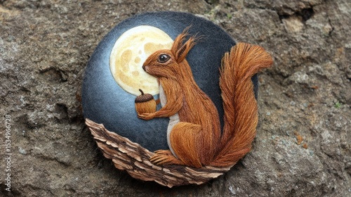 Handmade art of a squirrel holding an acorn under a full moon creative literary expression natural environment close-up view