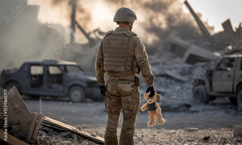 Soldier holding teddy bear amidst collapsed ruins and smoke