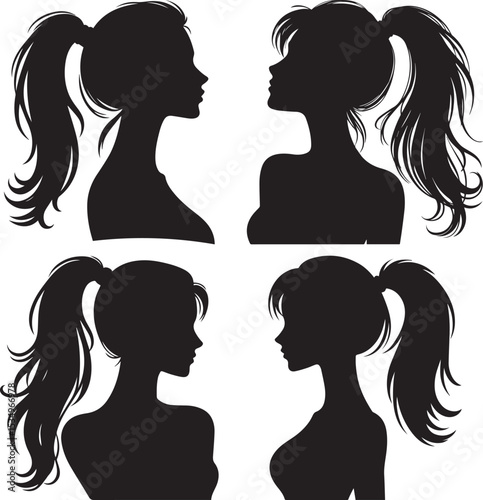 Set of girl faces with long hair ponytail black vector silhouette 