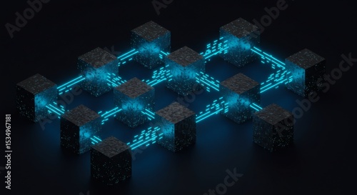 Abstract Network Interconnected Cubes with Glowing Data Streams