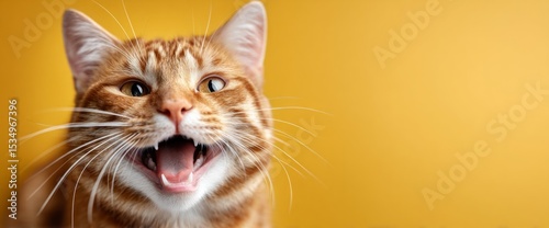 A close-up of a happy cat with its mouth open against a bright yellow background creates a sense of happiness and playfulness. Pets, happiness, animals, entertainment, advertising for pet products.