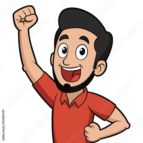Happy cartoon man celebrating a successful victory with a raised fist illustration