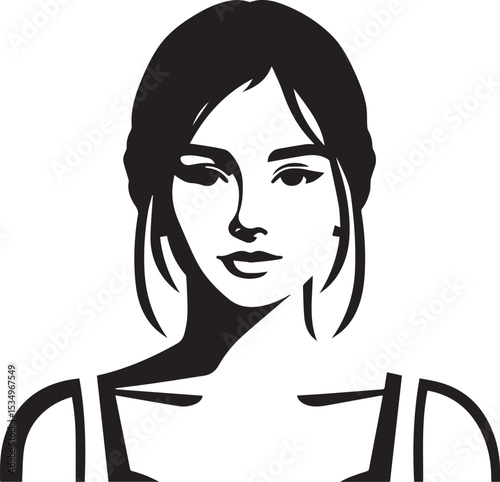 Decent girl face black vector silhouette 