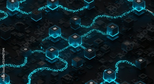 Abstract Data Flow Network of Cubes and Glowing Lines
