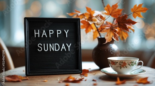 Happy Sunday Still Life with Maple Leaves and Tea Cup