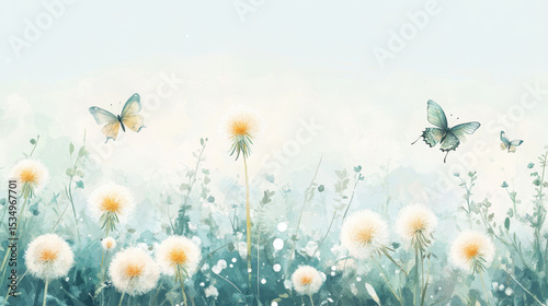 Watercolor painting showing a field of dandelions with butterflies on a peaceful spring day.