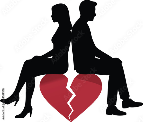 Silhouetted man and woman sitting back to back on broken heart symbol representing relationship breakup and emotional separation vector illustration 