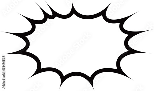 This image displays a blank, white comic speech bubble, characterized by a jagged, spiky outline with a thick black border. 