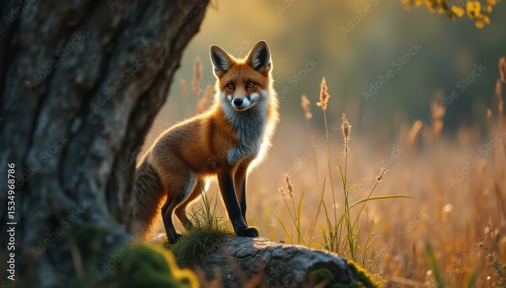 Fototapeta premium Red fox standing on log in serene forest during sunrise