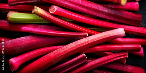 Fresh rhubarb stalks in a vibrant red and green close-up food arrangement.