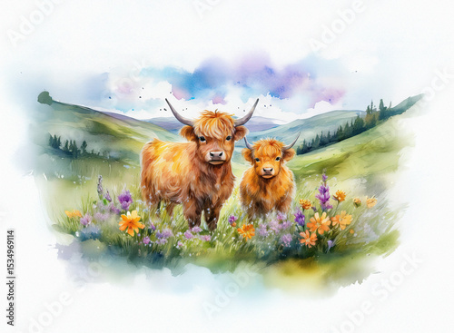 Watercolor illustration of a mother and baby highland cow standing in a flower meadow. Rolling green hills and a soft, colorful sky create a gentle background.