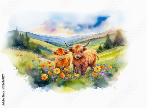 Fluffy highland cows graze in a vibrant meadow filled with colorful wildflowers. Rolling green hills and distant mountains form a scenic background.
