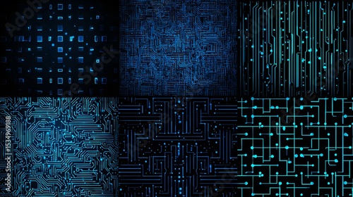 Digital Circuit Boards Set with Blue Neon Lines and Tech Patterns for Technology and Innovation