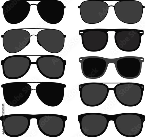 Set of black sunglasses in various styles, flat vector illustration collection of fashion eyewear, modern silhouette shades for branding, summer, travel, and accessory design.