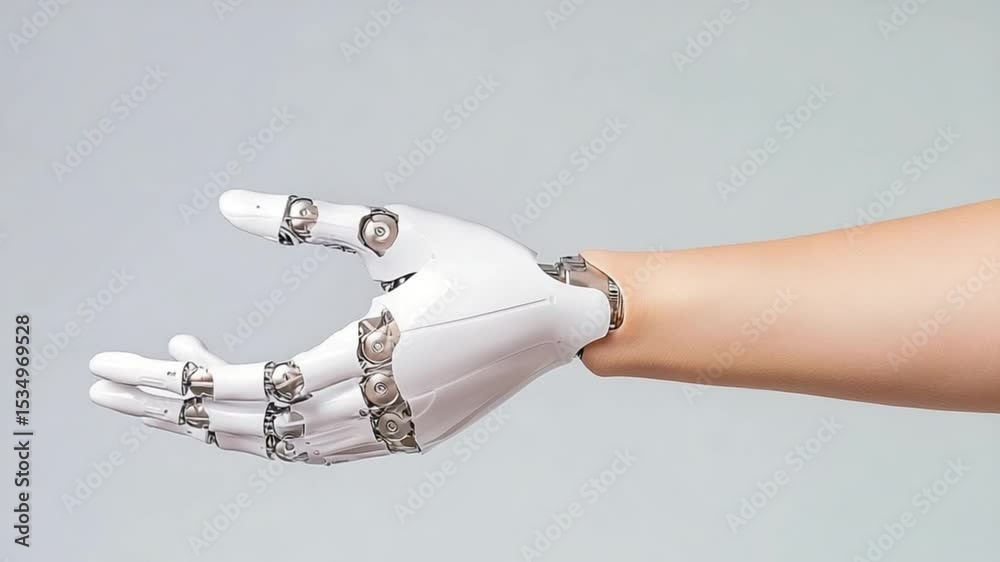Futuristic Human-Machine Interfaces, Advanced Robotic Prosthetics, Human with robotic arm in futuristic concept and robotic technology, robotic hand connection with human skin and robotic design