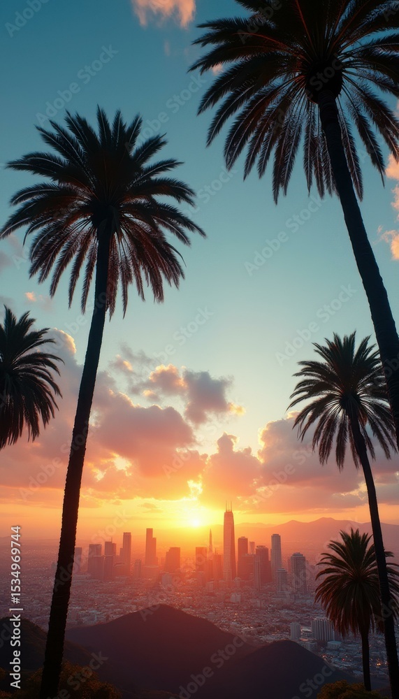 Obraz premium Palm trees silhouetted against a serene city skyline at sunset
