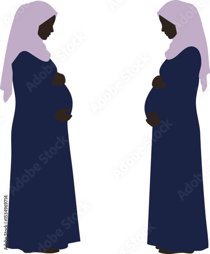 Pregnant woman in hijab wearing navy blue dress side profile vector illustration for maternity and motherhood concepts 