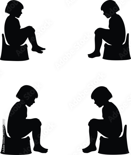Child Silhouettes Sitting on Potty Training Vector Illustration in Black and White Style 