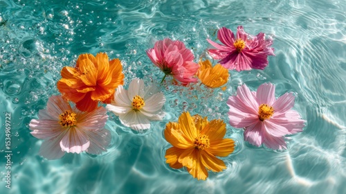 Vibrant colorful flowers and bubbles float in the turquoise water. Summer banner, nature, relaxation, spa, summer, abstraction and peace.