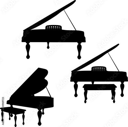 Black vector silhouette of an elegant grand piano with a matching cushioned bench. The classic curved legs and open lid design evoke a vintage, formal musical setting in simple form.