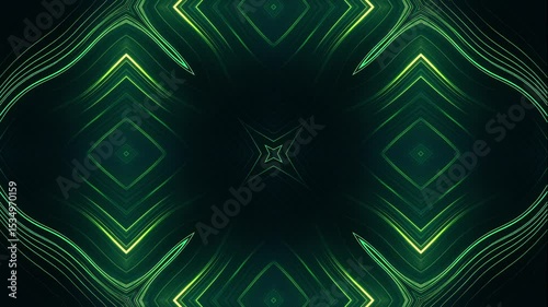 Abstract digital background featuring symmetrical green neon lines forming a tunnel or kaleidoscopic visual effect. Perfect for use in sci-fi themed videos, music visuals, stage backdrops.