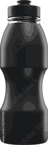 Glossy black plastic sports bottle with ergonomic design, reusable fitness water container, vector style hydration accessory, modern drinkware icon for gym, health, and outdoor activities.