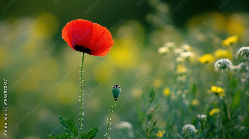 Fototapeta premium Red poppy flower among yellow and white wildflowers in field