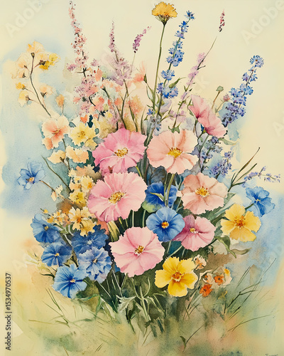 A vibrant watercolor painting showcasing an assortment of beautiful, colorful flowers in full bloom.