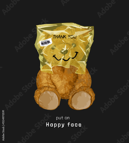 bear doll covering his head with plastic bag vector illustration hand drawn - not auto trace