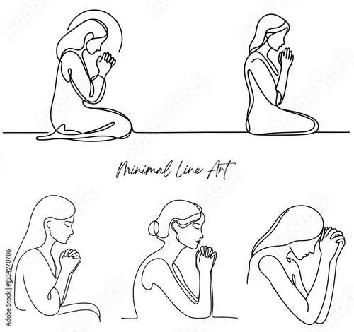 Single line drawing of a woman praying