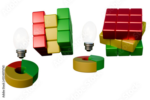Colorful blocks, lightbulbs, and pie charts illustrate innovative ideas. Ideal for presentations, reports, and articles on creativity and brainstorming. 3d rendering