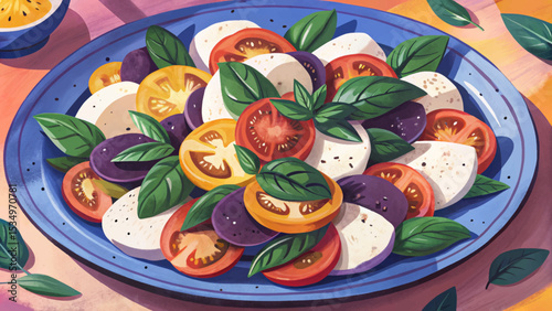 Caprese salad with fresh mozzarella, ripe tomatoes, and green basil leaves. Classic Italian appetizer arranged in a clean and colorful composition