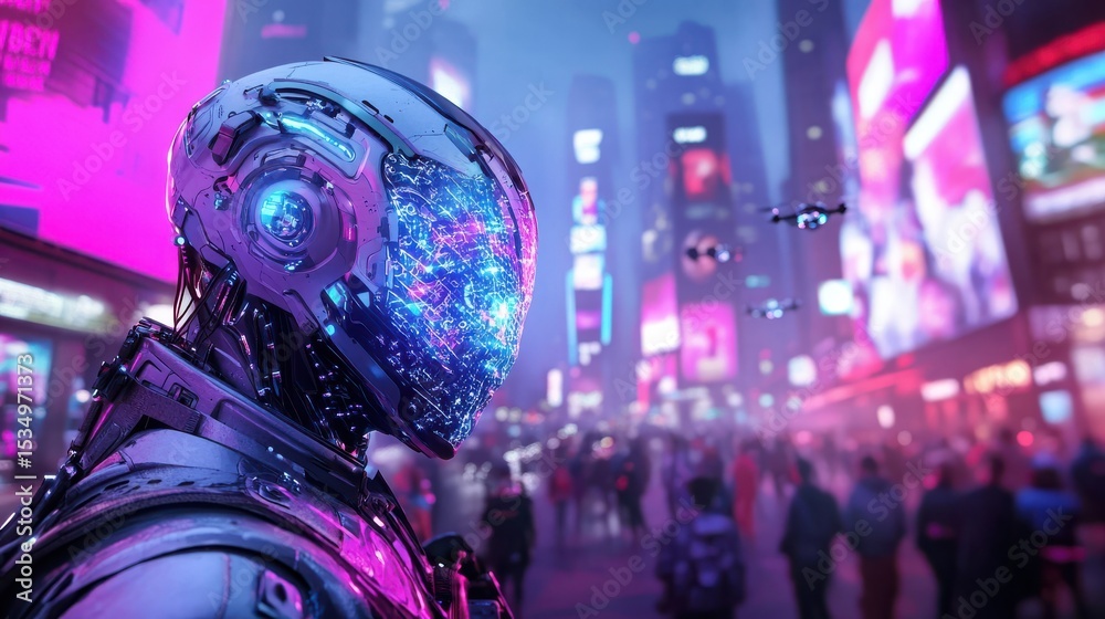 Futuristic robot and diverse crowd on urban street at night Futuristic robot and diverse crowd on urban street at night