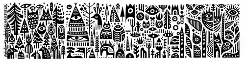 Hand‑Drawn Owl and Eyes Illustration – Tribal Nocturnal Folk Art Pattern Vector for Mystery & Forest Themes