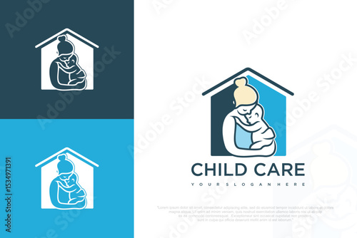 Baby and mom home logo design. baby massage spa treatment. vector illustration