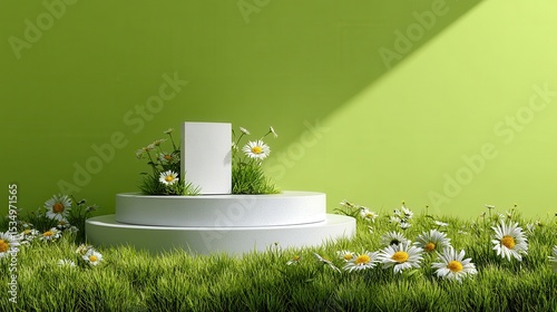 Minimalist display with daisies on vibrant green.