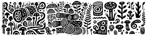 Hand‑Drawn Wood and Mushroom Illustration – Tribal Forest Folk Art Pattern Vector for Nature & Botanical Themes