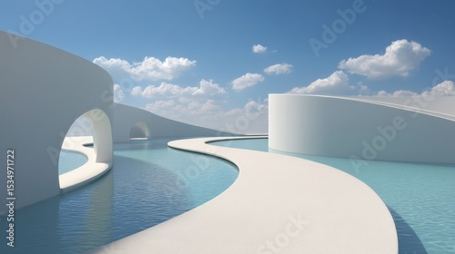 Modern architectural design with serene water.