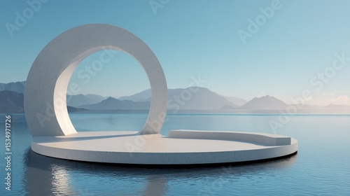 Modern architectural structure by serene water.