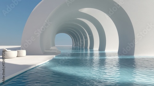 Modern architecture with water and white arches.